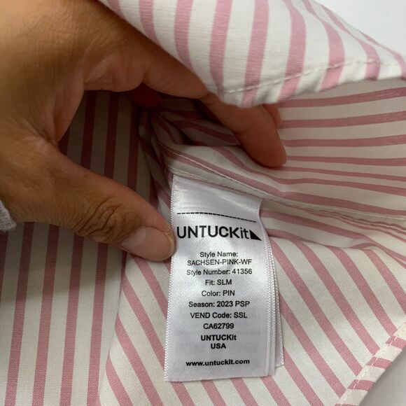 UNTUCKit Shirt Mens XL Extra Large SLIM Fit Foxglove Pink White Striped No Tuck - Picture 6 of 10